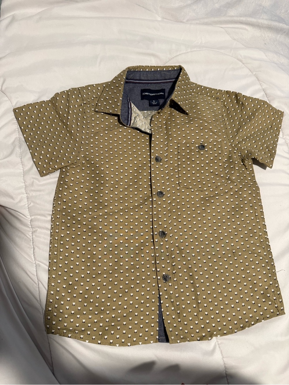 Boys' Short-Sleeve Button-Down Shirt in Olive with Micro Print